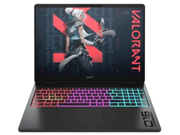 HP OMEN 16-ah0087TX gaming laptop with Valorant wallpaper and RGB keyboard.