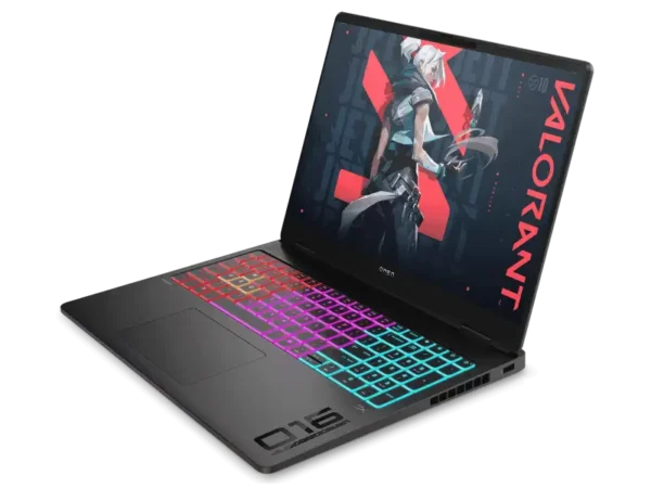 HP OMEN 16-ah0087TX gaming laptop with Valorant wallpaper and RGB keyboard.