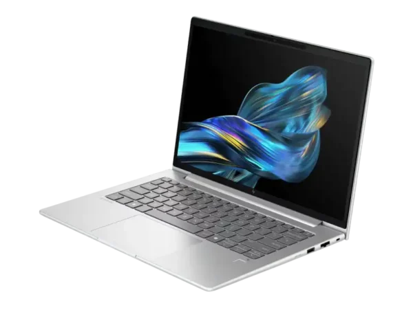 HP EliteBook 6 G1q notebook in silver with a 14-inch WUXGA touchscreen displaying abstract art.