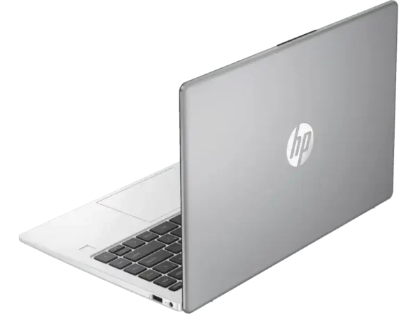 Silver HP 240R G10 business laptop with HP logo on lid and keyboard visible.
