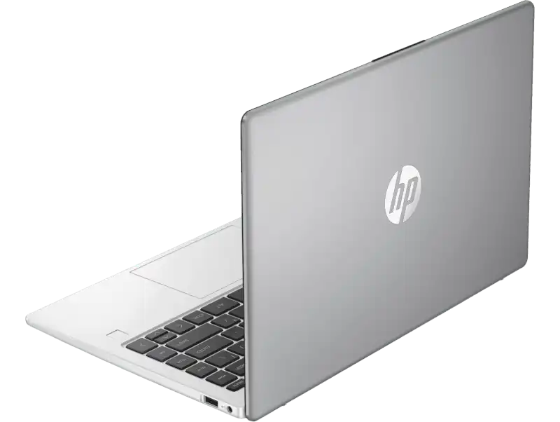 Silver HP 240R G10 business laptop with HP logo on lid and keyboard visible.