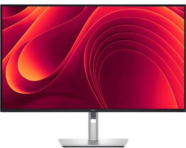 Dell P3225QE 32-inch 4K USB-C hub monitor with vibrant red and orange abstract display.