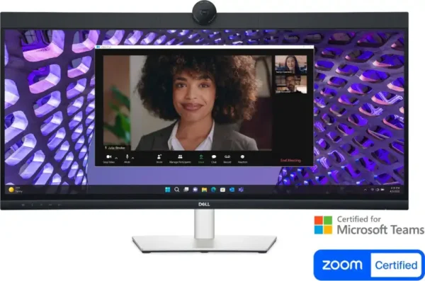 Dell P3424WEB 34-inch WQHD IPS video conferencing monitor with integrated webcam and Microsoft Teams certification.