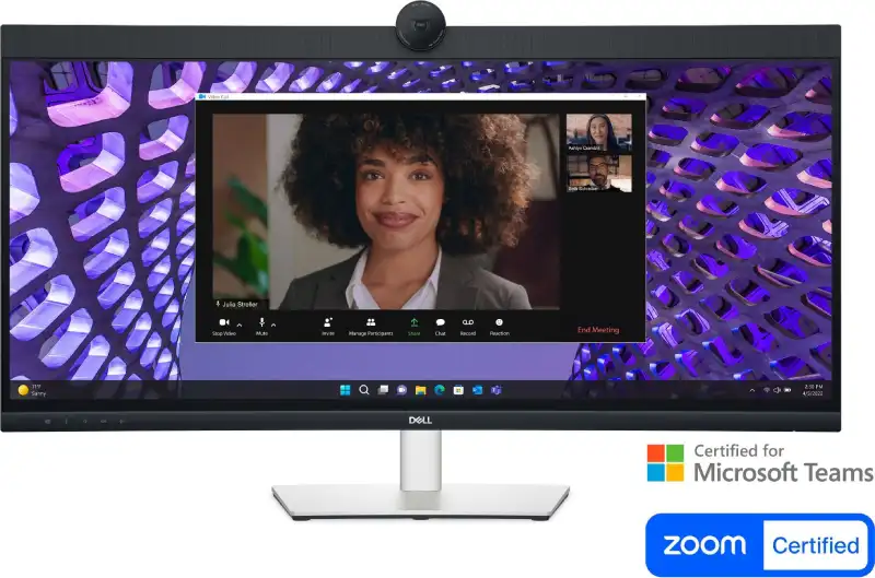 Dell P3424WEB 34-inch WQHD IPS video conferencing monitor with integrated webcam and Microsoft Teams certification.