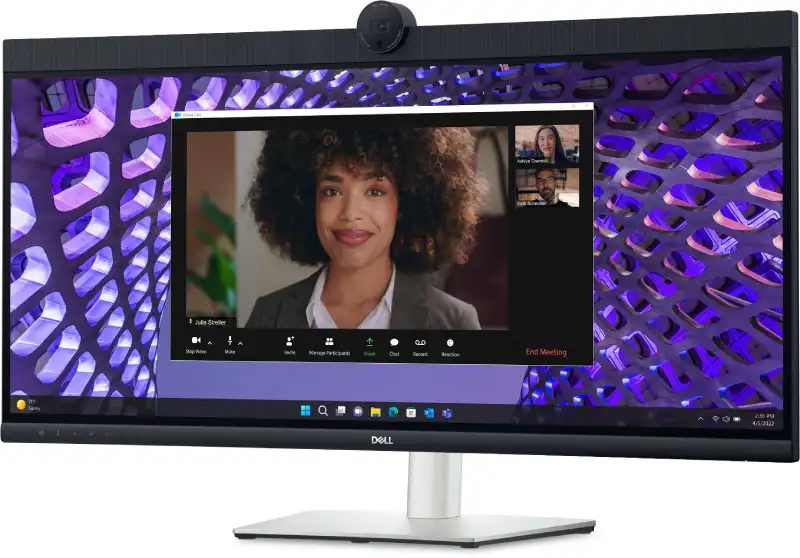 Dell Pro 34 Plus P3424WEB video conferencing monitor with built-in webcam and 34-inch WQHD IPS display.