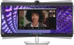 Dell P3424WEB 34-inch WQHD IPS video conferencing monitor with integrated webcam and speakers.