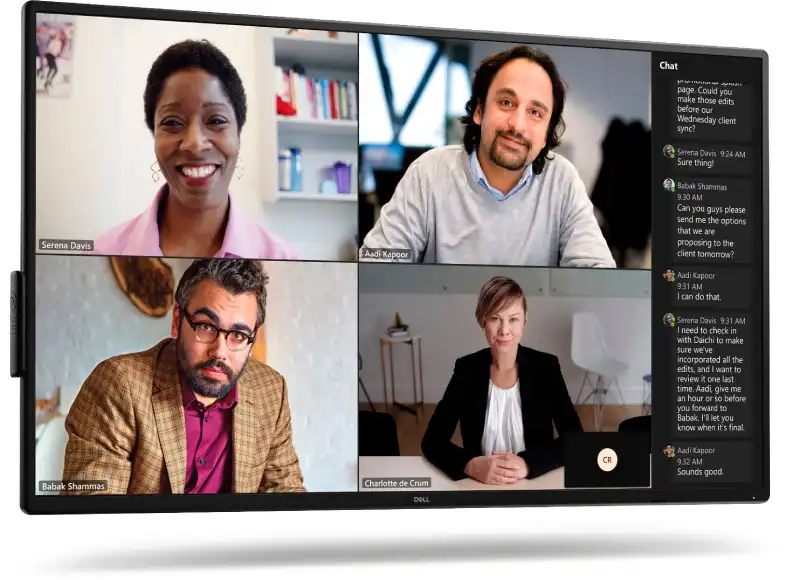 Dell Pro 55 Plus 4K monitor displays a video conference with four participants.