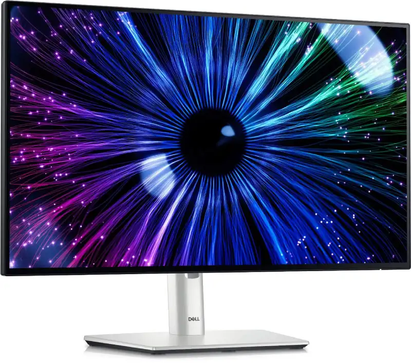 Dell UltraSharp 24 U2424HE monitor with vibrant abstract eye display and silver stand.