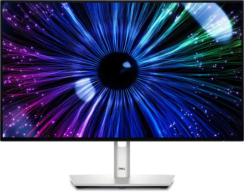 Dell UltraSharp 24 USB-C Hub Monitor U2424HE featuring a vibrant eye-like display with blue, purple, and green light streaks.