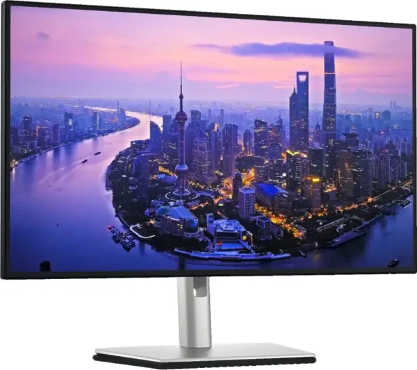 Dell UltraSharp 27 4K Thunderbolt Hub Monitor U2725QE with vibrant city skyline wallpaper.