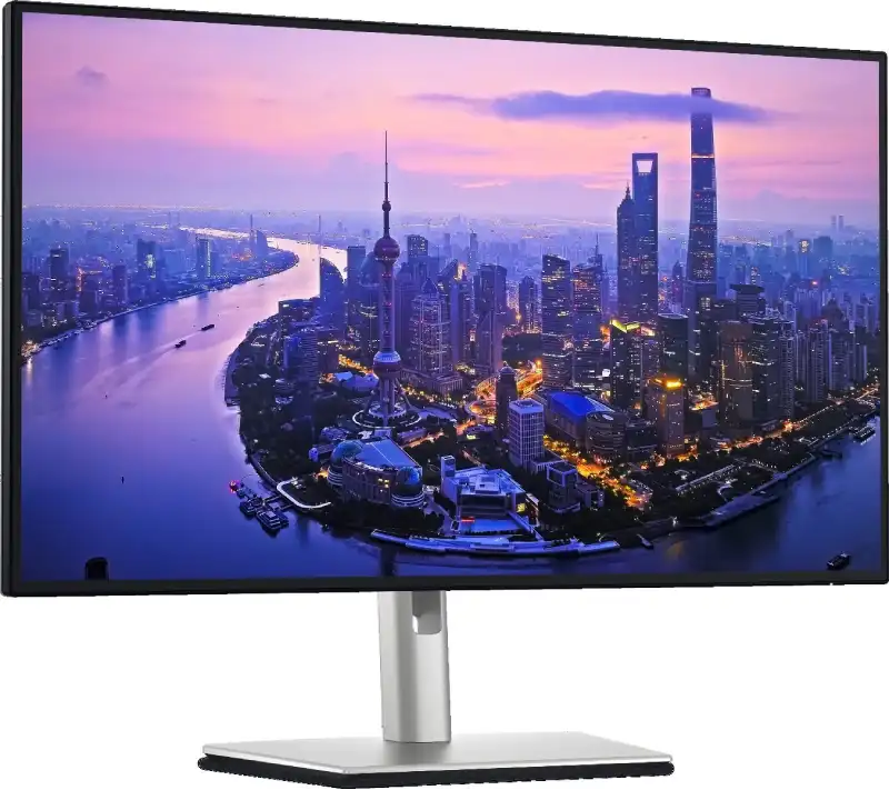 Dell UltraSharp 27 4K Thunderbolt Hub Monitor U2725QE with vibrant city skyline wallpaper.