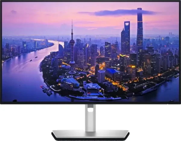 Dell UltraSharp 27 4K Thunderbolt Hub Monitor U2725QE displaying a vibrant city skyline at dusk.