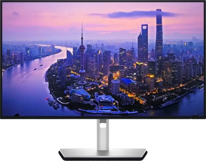 Dell UltraSharp 27 4K Thunderbolt Hub Monitor U2725QE displaying a vibrant city skyline at dusk.