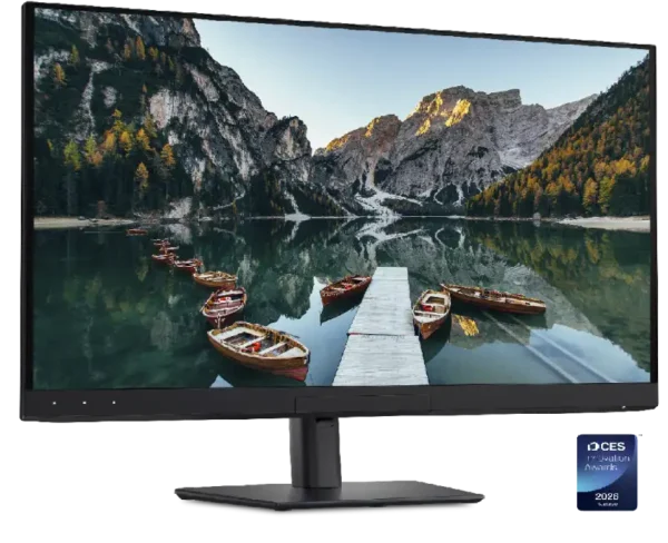 Dell UltraSharp 32 4K QD-OLED U3226Q monitor with boats on a lake and mountains.