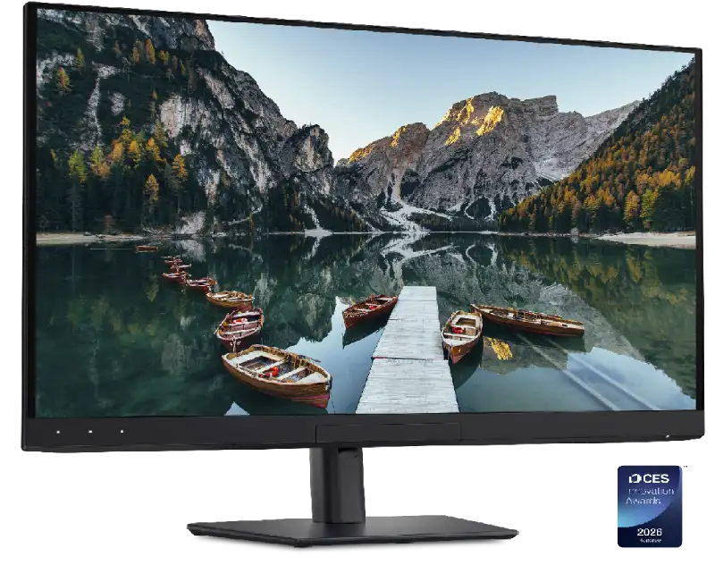 Dell UltraSharp 32 4K QD-OLED U3226Q monitor with boats on a lake and mountains.