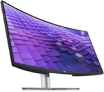 Dell UltraSharp 38 U3824DW curved QHD IPS monitor with purple abstract wallpaper.
