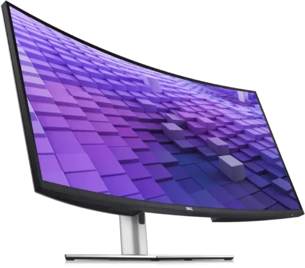 Dell UltraSharp 38 U3824DW curved QHD IPS monitor with purple abstract wallpaper.