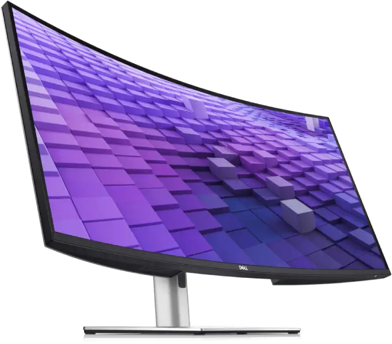 Dell UltraSharp 38 U3824DW curved QHD IPS monitor with purple abstract wallpaper.