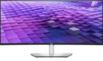 Dell UltraSharp 38 curved USB-C hub monitor U3824DW with purple abstract wallpaper.