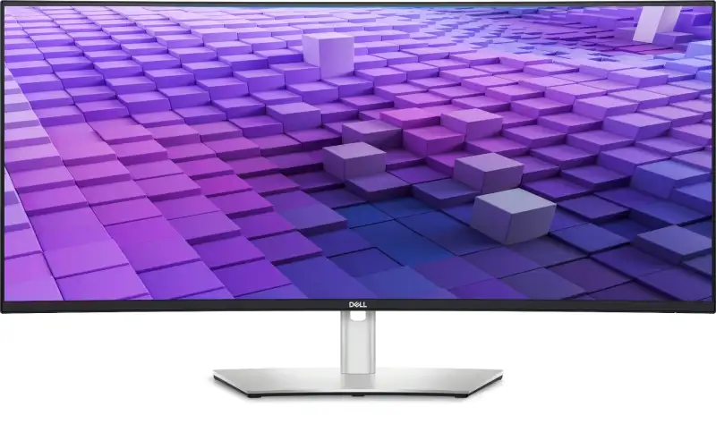 Dell UltraSharp 38 curved USB-C hub monitor U3824DW with purple abstract wallpaper.