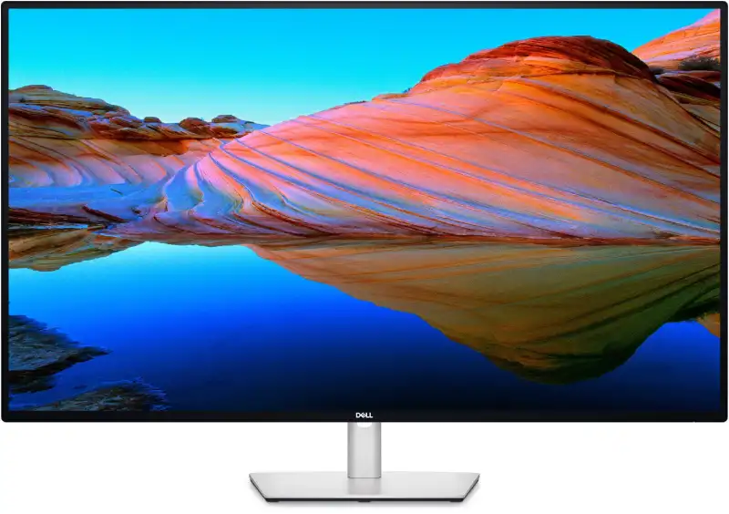 Dell UltraSharp 43 4K USB-C Hub Monitor U4323QE displaying a desert landscape reflection.