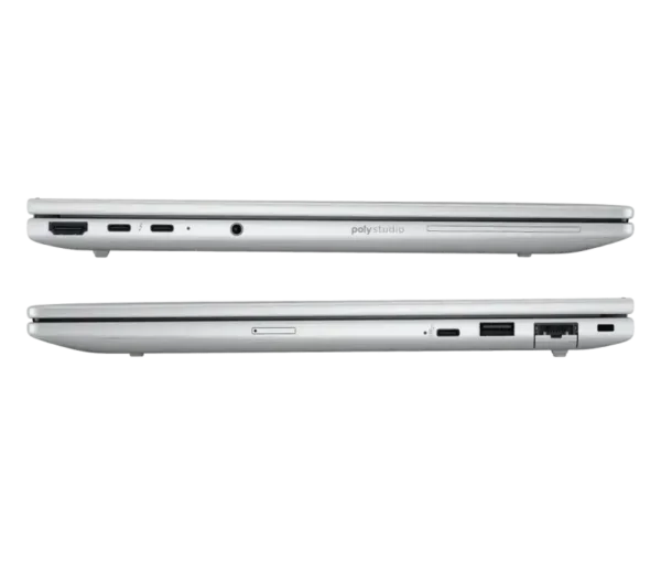 HP EliteBook 8 G1i laptop silver showing ports: HDMI, Thunderbolt, USB-C, audio jack, SD card reader, USB-A, and Ethernet.
