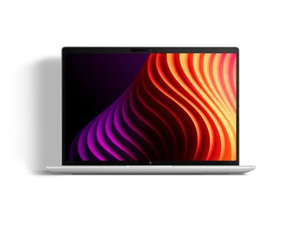HP EliteBook 8 G2i 14 Notebook Next Gen AI PC in silver with vibrant abstract wallpaper.