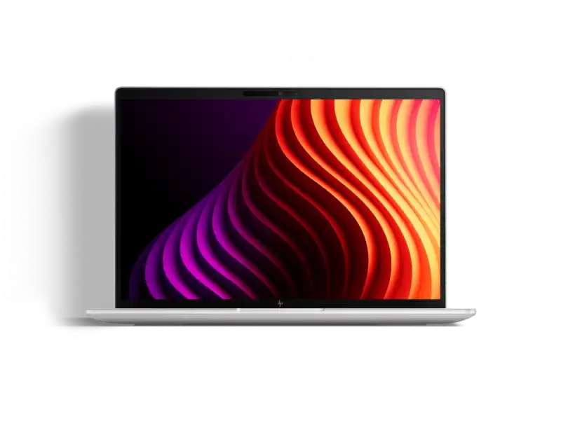 HP EliteBook 8 G2i 14 Notebook Next Gen AI PC in silver with vibrant abstract wallpaper.