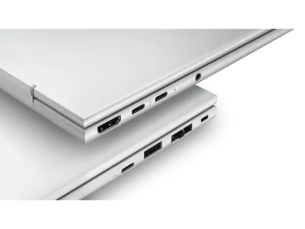 Close-up of silver HP EliteBook 8 G2i laptop ports: HDMI, USB-C, and audio jack.