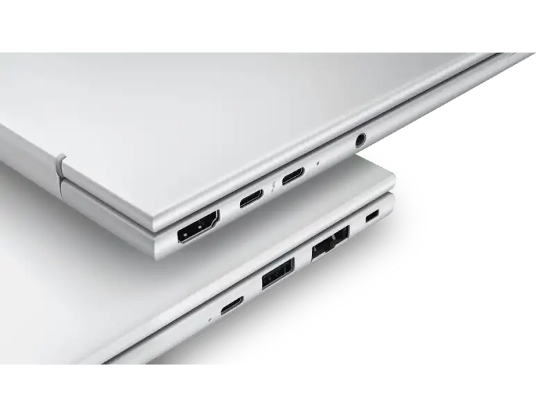 Close-up of silver HP EliteBook 8 G2i laptop ports: HDMI, USB-C, and audio jack.