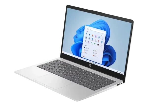 Silver HP Laptop 14-em0104AU with 14-inch FHD display, AMD Ryzen 7, 16GB RAM, 512GB SSD, Windows 11.