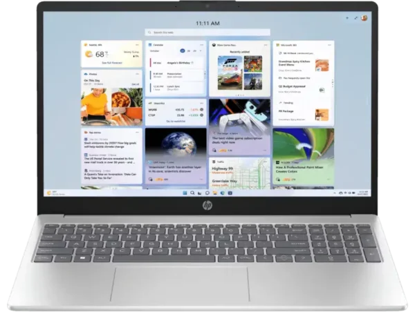 Silver HP 15-fd0262TU laptop with 15.6-inch screen displaying Windows 11 widgets.
