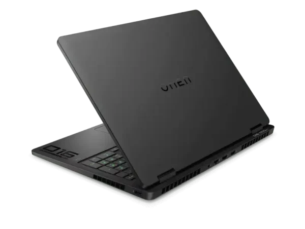 HP OMEN 16-am0074TX gaming laptop in black, angled view showing the keyboard and OMEN logo.