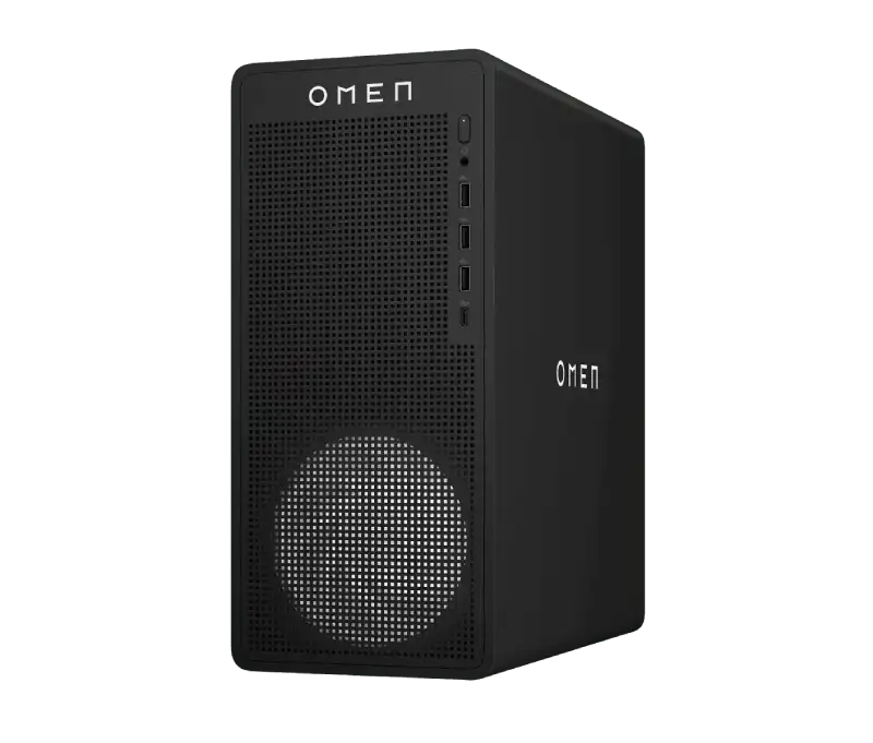 HP OMEN 16L gaming desktop TG03-0008in PC with white OMEN logo on front.