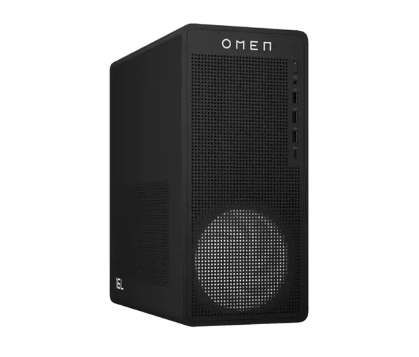 HP OMEN 16L gaming desktop PC with black tower, front mesh grille, and OMEN logo.