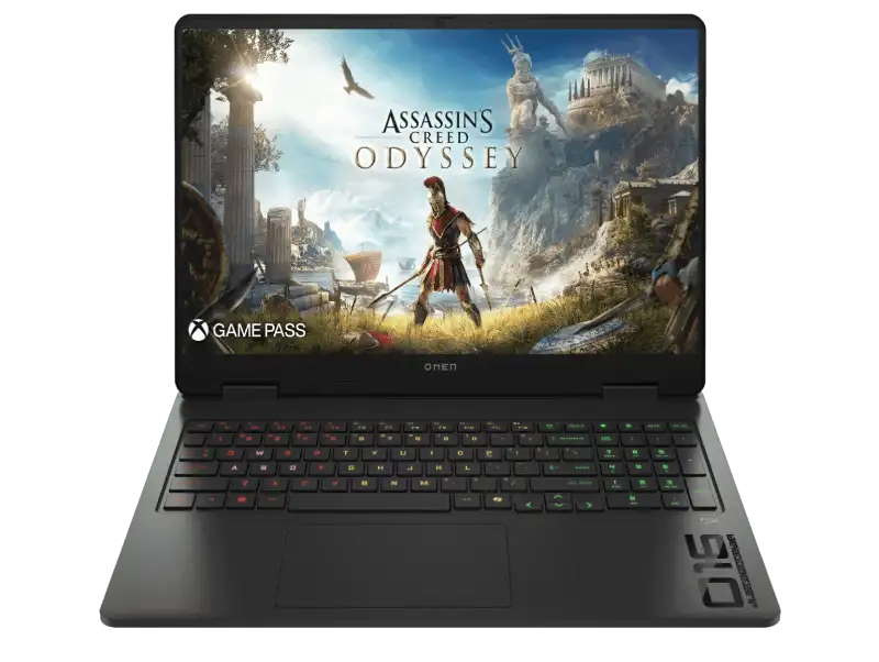 HP OMEN 16 gaming laptop with Assassin's Creed Odyssey on screen and Xbox Game Pass logo.