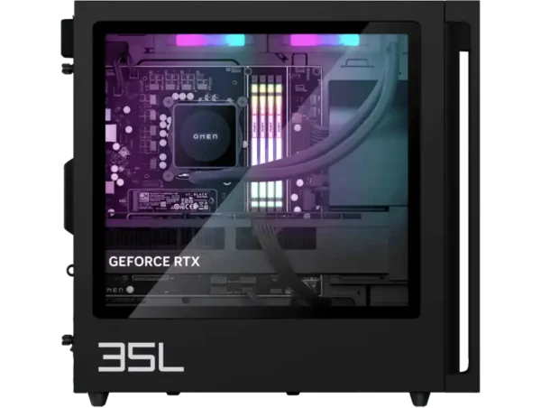 HP OMEN 35L gaming desktop with GeForce RTX graphics and RGB lighting.
