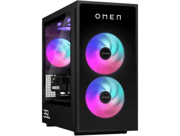 HP OMEN 35L gaming desktop with RGB fans and GeForce RTX graphics.