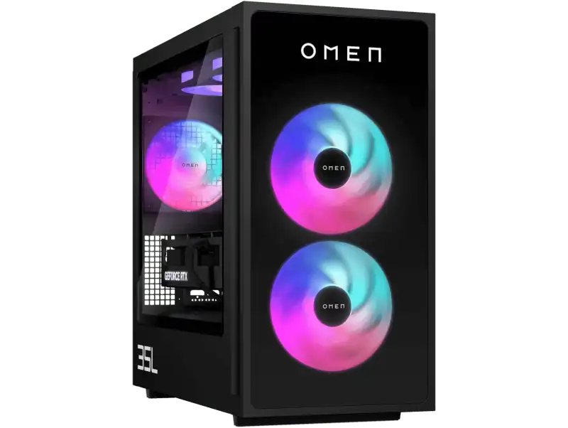 HP OMEN 35L gaming desktop with RGB fans and GeForce RTX graphics.