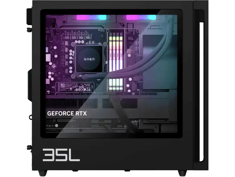 HP OMEN 35L gaming desktop with GeForce RTX graphics and RGB lighting.