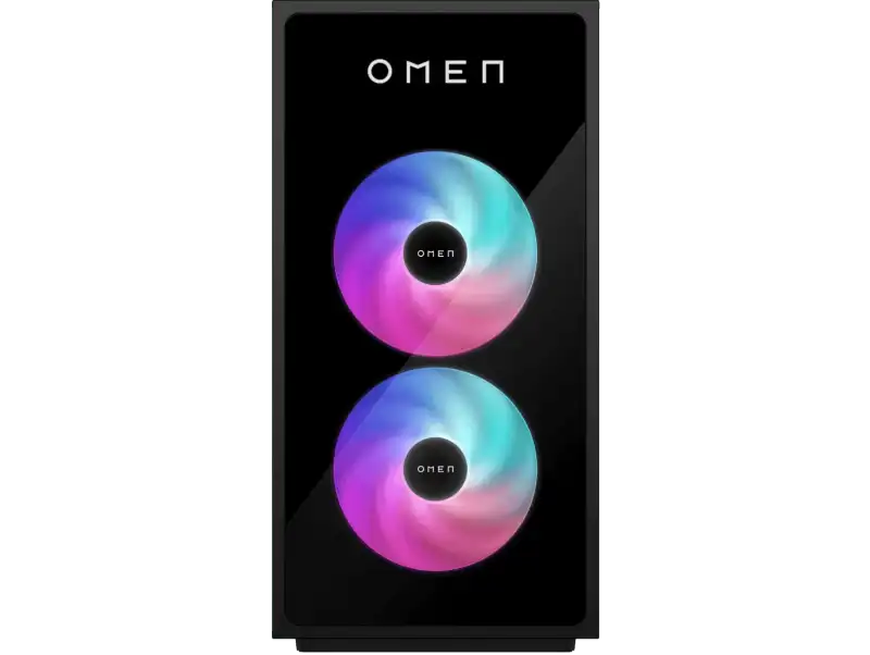 HP OMEN 35L gaming desktop with illuminated fans and OMEN logo.