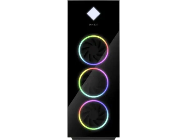 HP OMEN 45L gaming desktop GT22-3002in PC with RGB fans and OMEN logo.