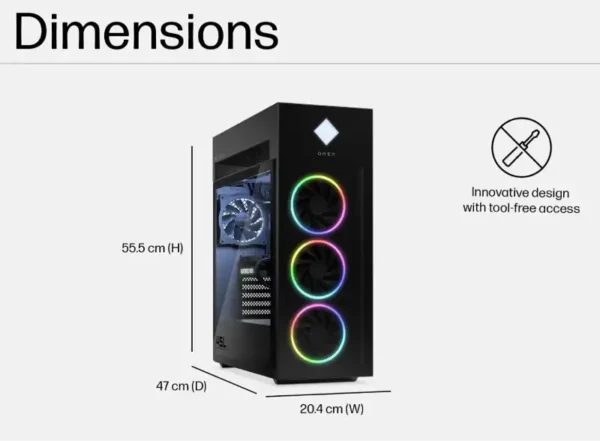 HP OMEN 45L gaming tower PC with RGB fans and dimensions 55.5 cm (H) x 47 cm (D) x 20.4 cm (W).