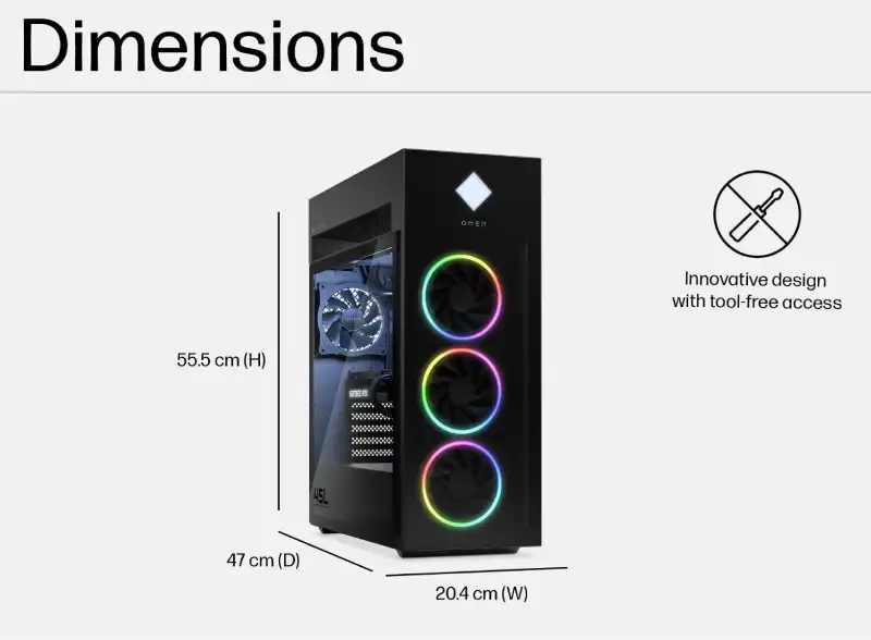 HP OMEN 45L gaming tower PC with RGB fans and dimensions 55.5 cm (H) x 47 cm (D) x 20.4 cm (W).