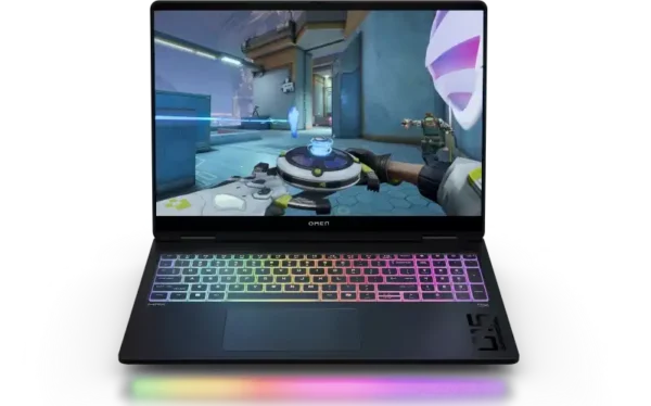 HP OMEN MAX 16-inch gaming laptop with RGB keyboard and AMD Ryzen AI 7 H 350 processor.