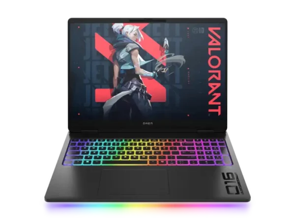 HP OMEN 16-ak0102AX gaming laptop with Valorant theme, RGB keyboard, and light bar.