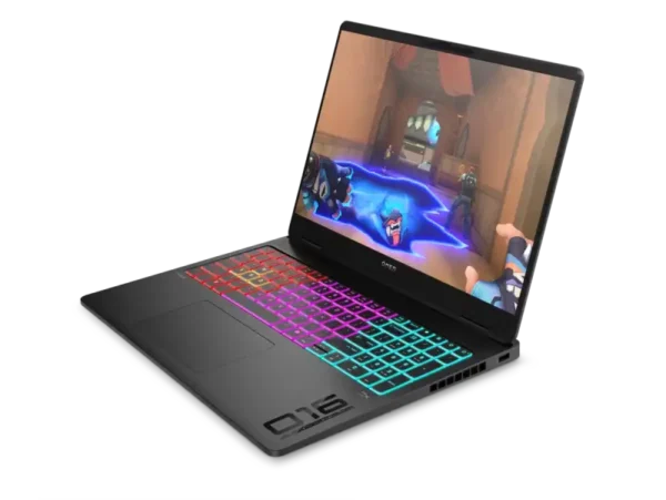 HP OMEN 16-ak0101AX gaming laptop with RGB keyboard and Valorant on screen.