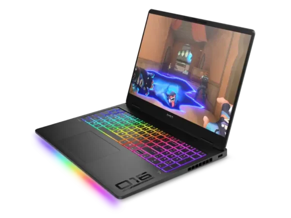 HP OMEN 16-ak0103AX gaming laptop with RGB keyboard and vibrant underglow.