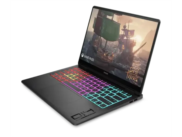 HP OMEN Transcend 14-inch laptop with vibrant RGB keyboard and Sea of Thieves game on screen.