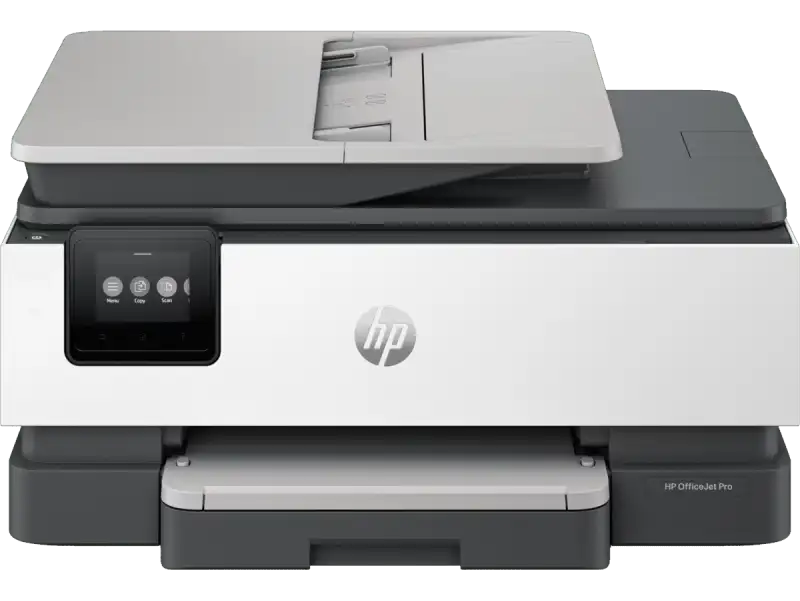 HP OfficeJet Pro 8120 inkjet printer with 3.0" color touchscreen, USB, and A4 paper handling.